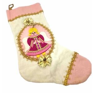 Extremely RARE Handmade Felt Christmas Angel In Pink Stocking, Retro Wall Deco